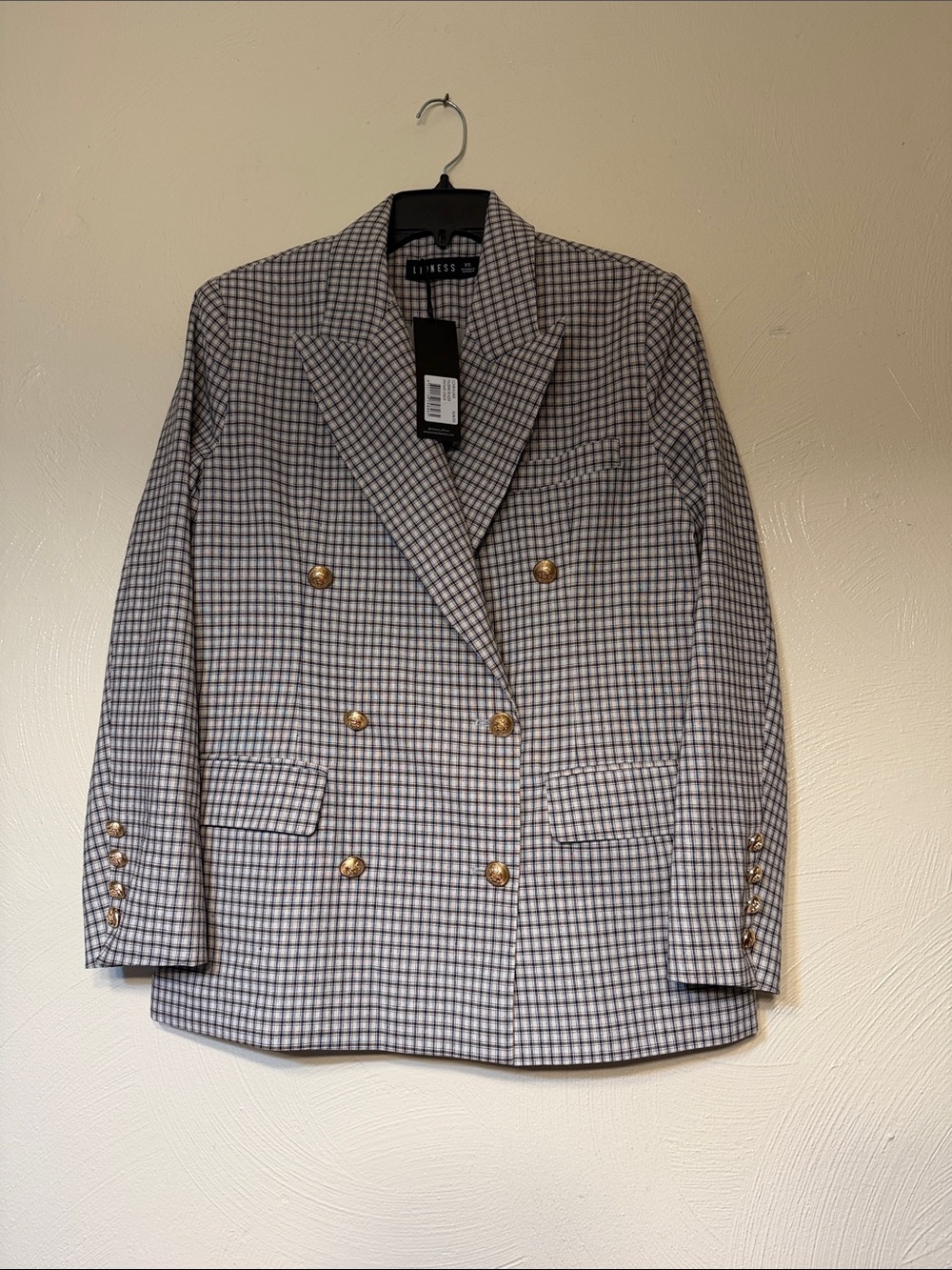 NWT Lioness Palermo Tan Vintage Check Womens Double Breasted Blazer Size XS